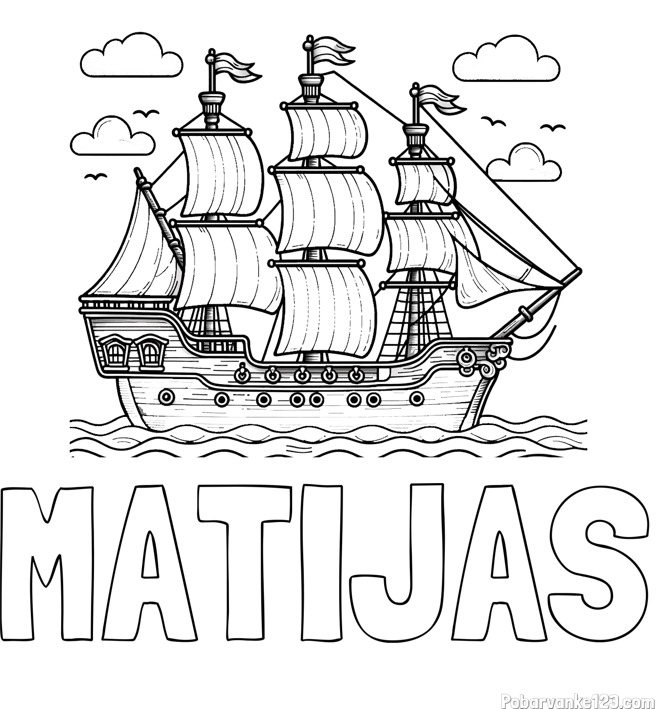 Pobarvanka imena MATIJAS in pobarvanka stare gusarske ladje