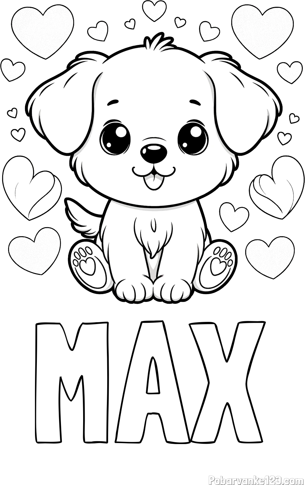 Pobarvanka imena MAX in pobarvanka ljubkega kužka obdanega s srčki