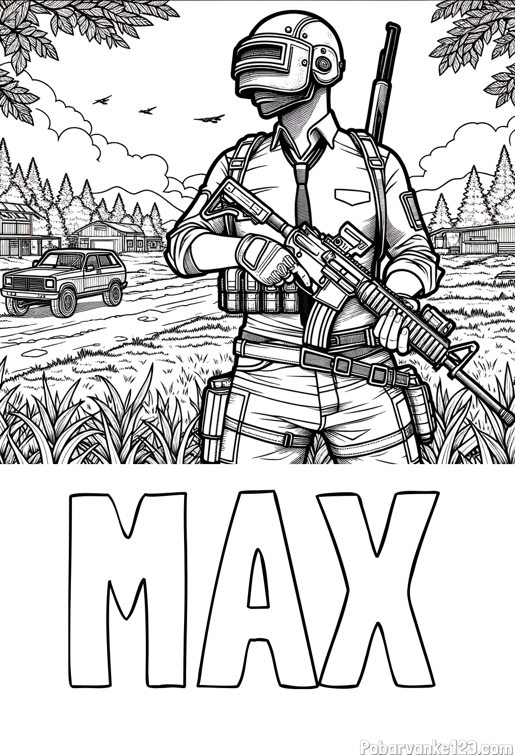 Pobarvanka imena MAX in PUB pobarvanka bojišča ter osrednjega lika