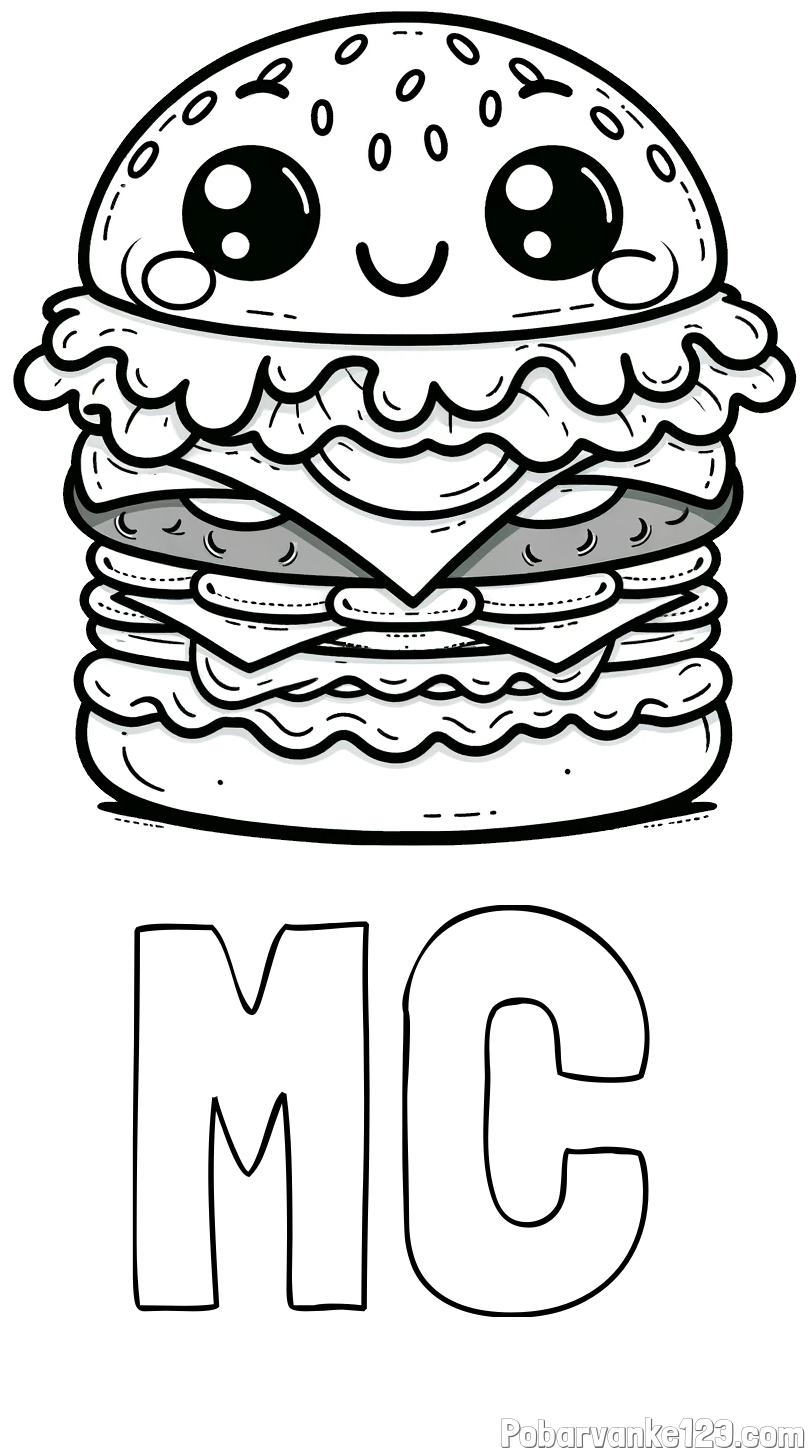 Pobarvanka imena MC in otroška pobarvanka nasmejanega hamburgerja