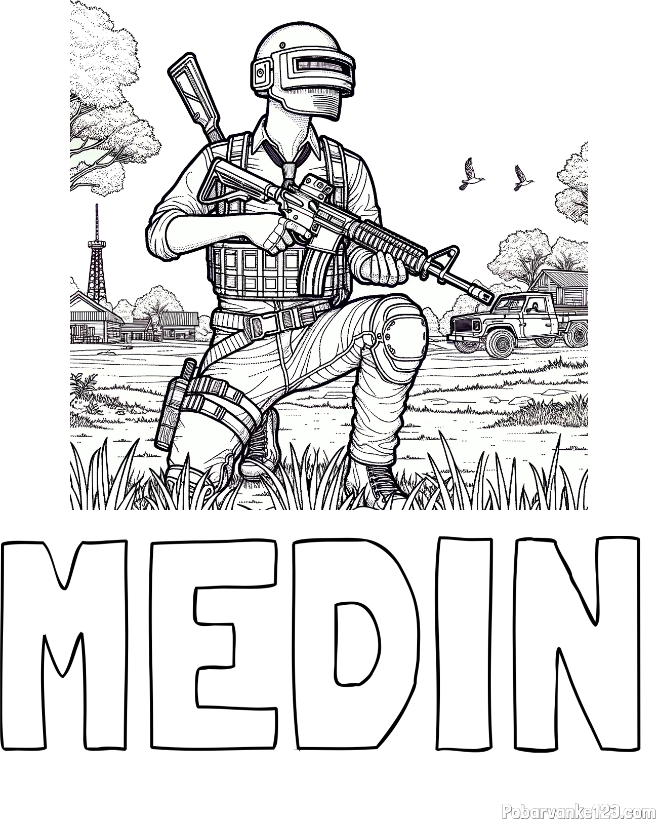 Pobarvanka imena MEDIN in PUBG pobarvanka glavnega lika v klečečem položaju