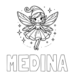Online izdelana pobarvanka - Pobarvanka imena MEDINA in otroška pobarvanka čudovite vile