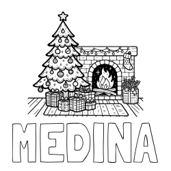 Online izdelana pobarvanka - Pobarvanka imena MEDINA in pobarvanka božične noči z božično smrečico, darili ter kaminom