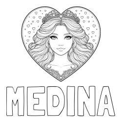 Online izdelana pobarvanka - Pobarvanka imena MEDINA in pobarvanka ljubke princese v srčku