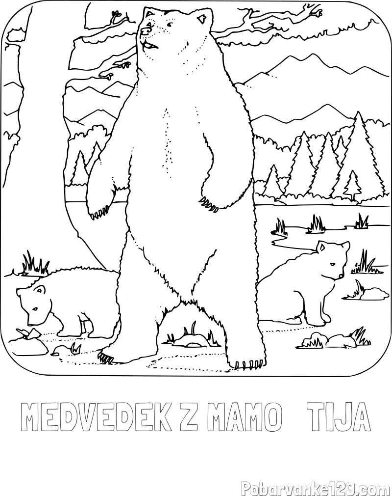 Pobarvanka imena MEDVEDEK Z MAMO   TIJA in pobarvanka medvedke z mladičema