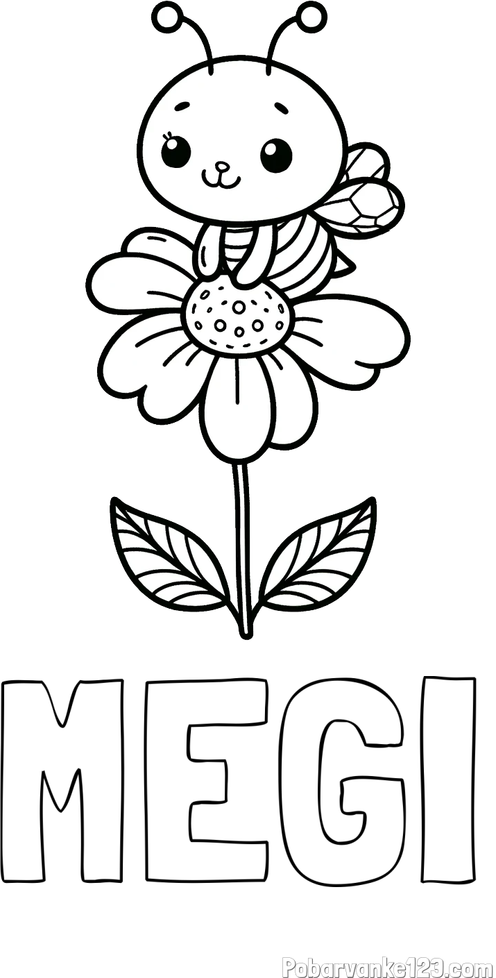 Pobarvanka imena MEGI in pobarvanka ljubke čebelice na roži