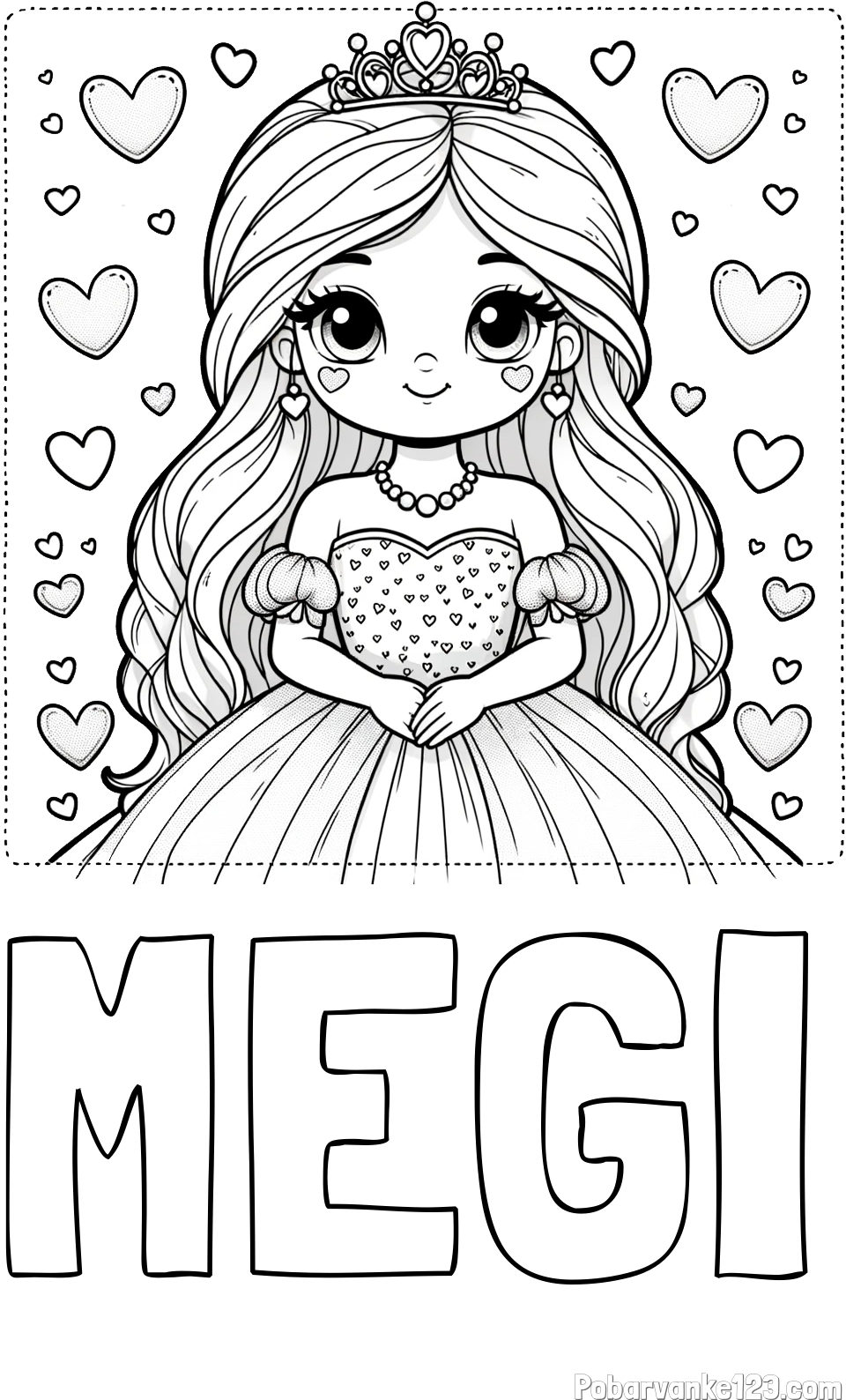 Pobarvanka imena MEGI in pobarvanka ljubke princese obdane s srčki