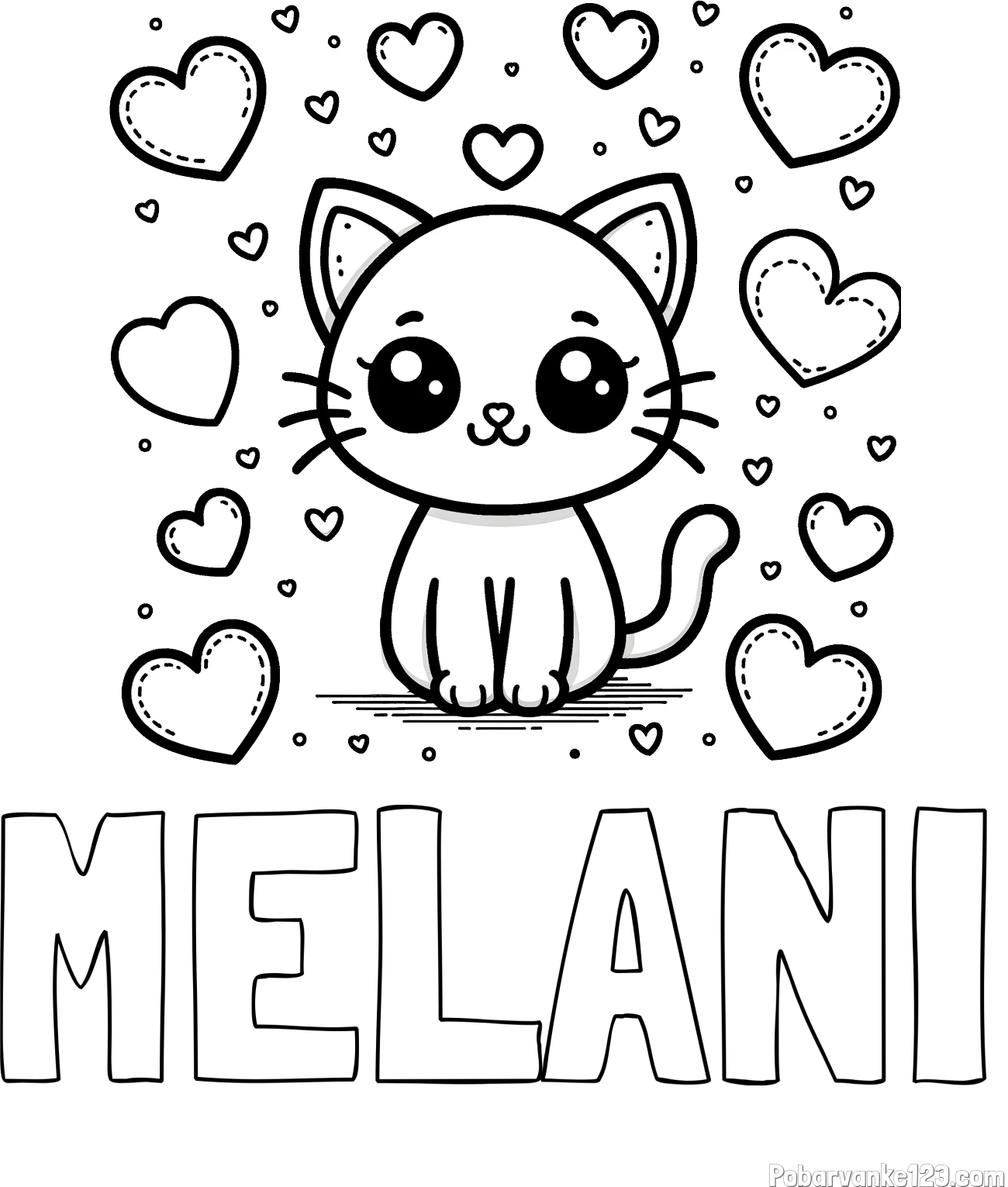 Pobarvanka imena MELANI in pobarvanka ljubke mucke obdane z veliko srčki