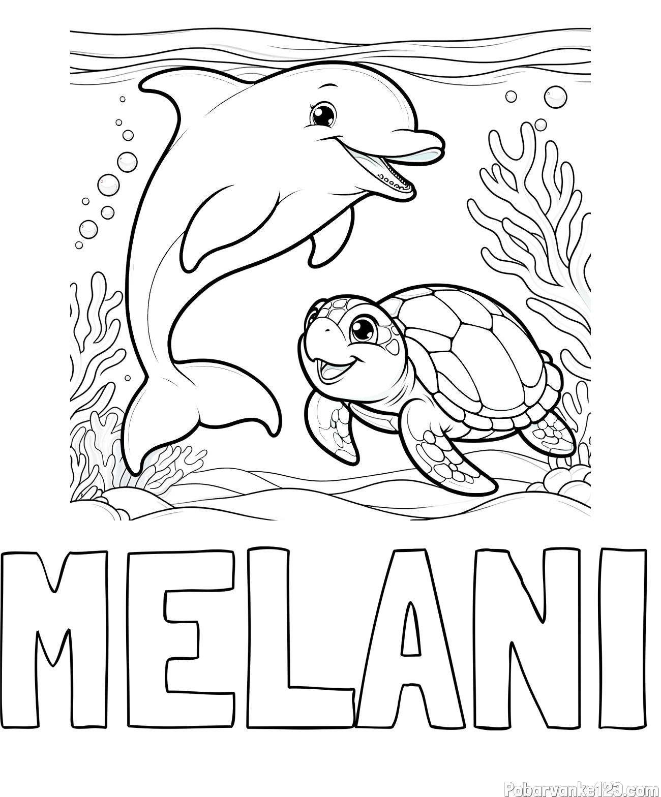 Pobarvanka imena MELANI in pobarvanka ljubkega delfina z želvo v morju