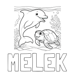 Online izdelana pobarvanka - Pobarvanka imena MELEK in pobarvanka ljubkega delfina z želvo v morju