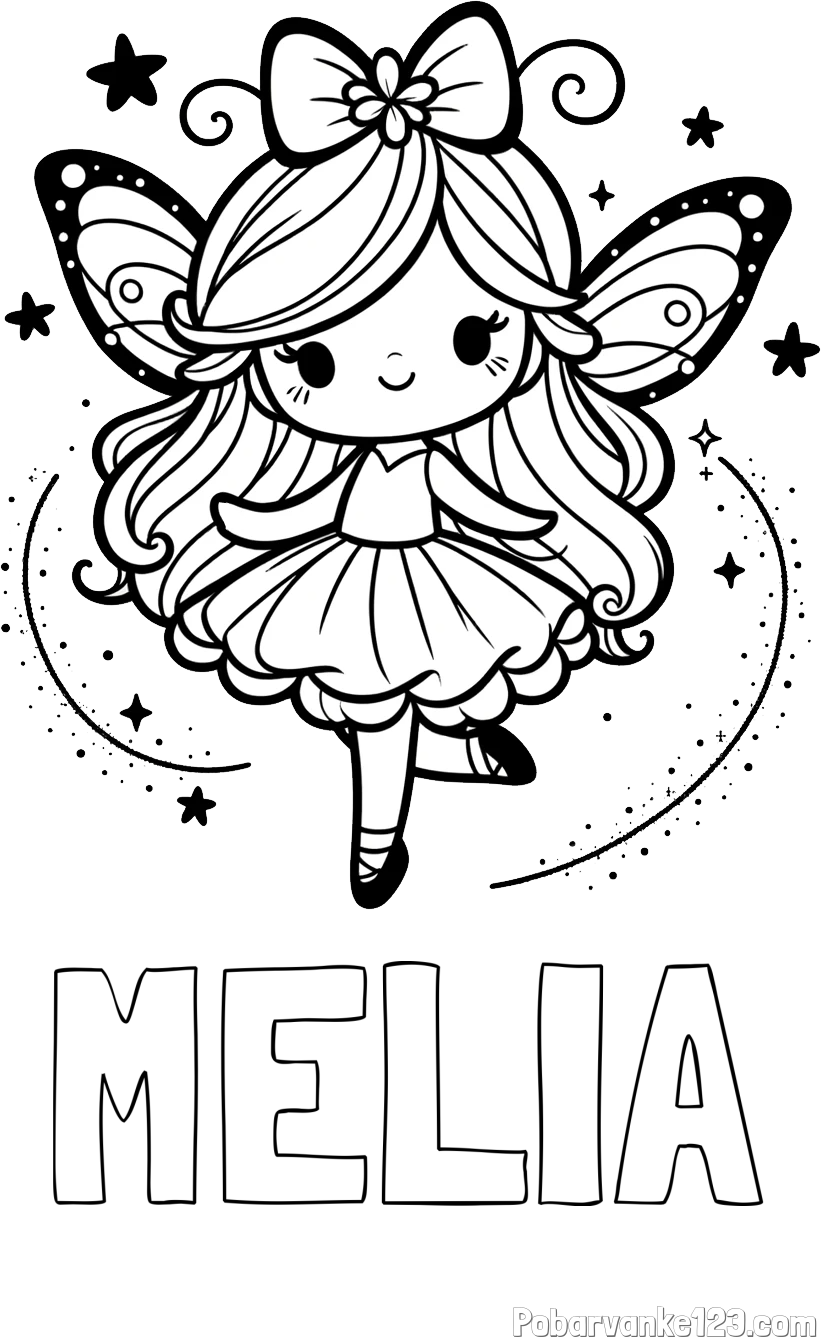 Pobarvanka imena MELIA in ljubka čarobna vila