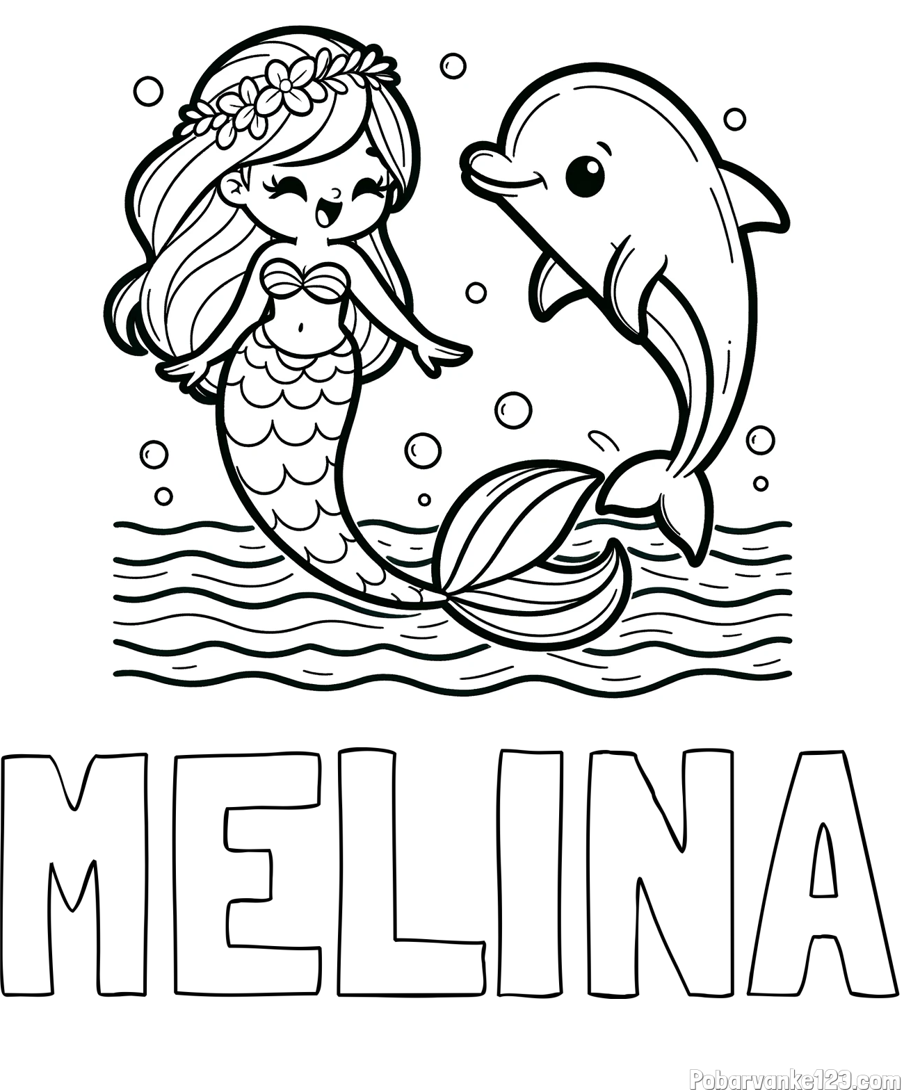Pobarvanka imena MELINA in pobarvanka ljubke morske deklice, ki pleše z delfinom