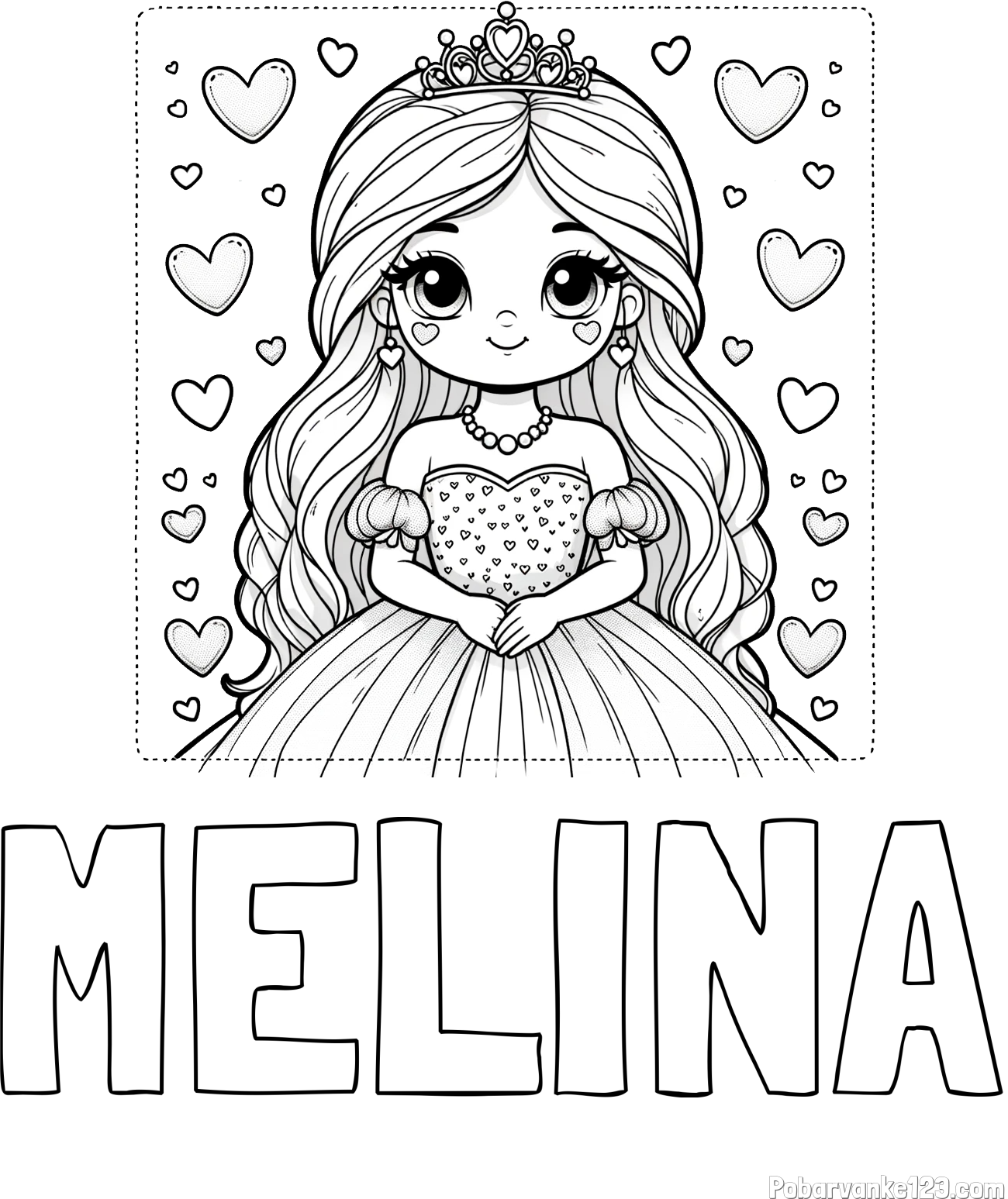 Pobarvanka imena MELINA in pobarvanka ljubke princese obdane s srčki