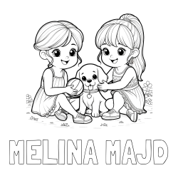Online izdelana pobarvanka - Pobarvanka imena MELINA MAJD in pobarvanka prijateljic s kužkom