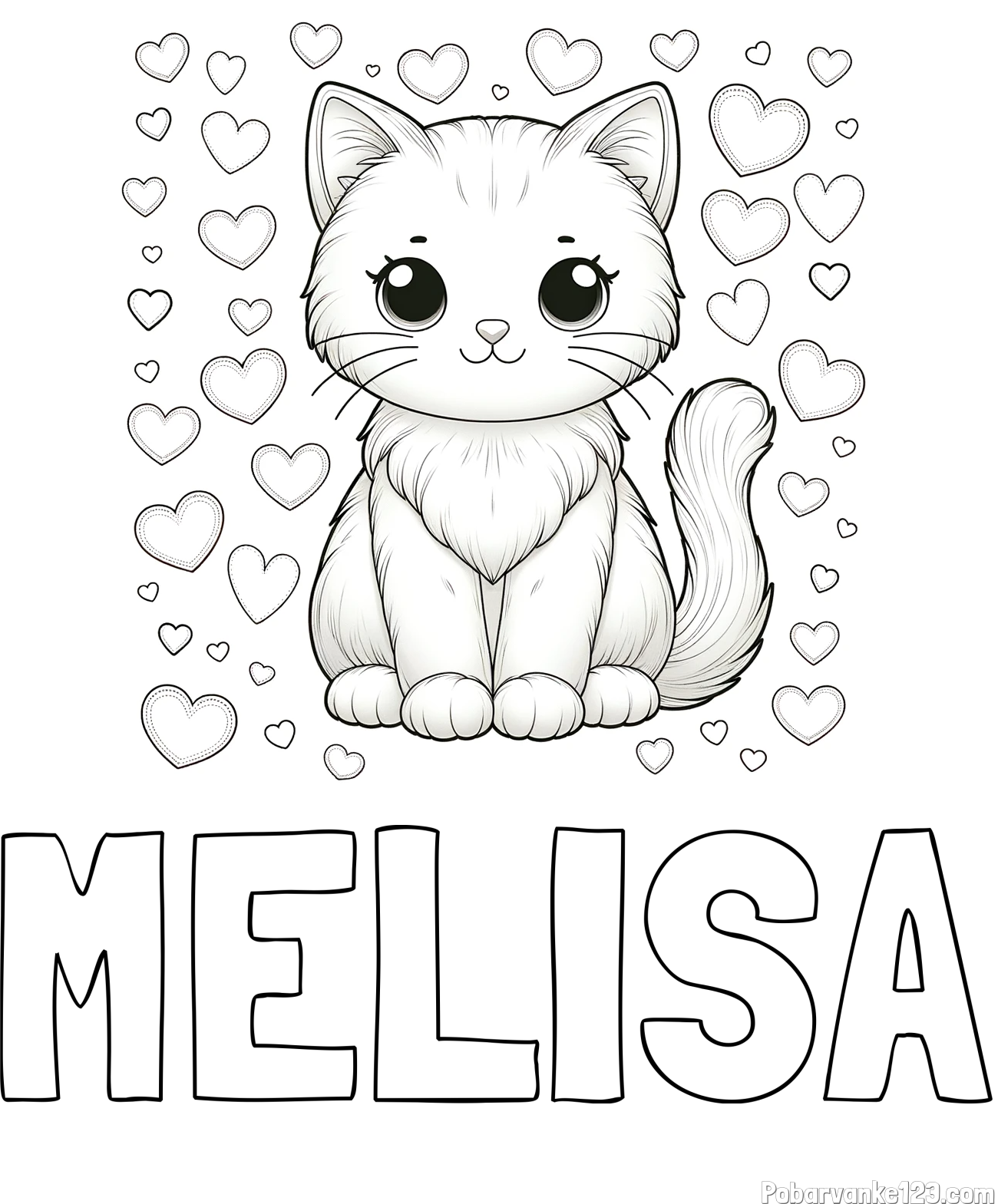 Pobarvanka imena MELISA in pobarvanka ljubke mucke obdane s srčki