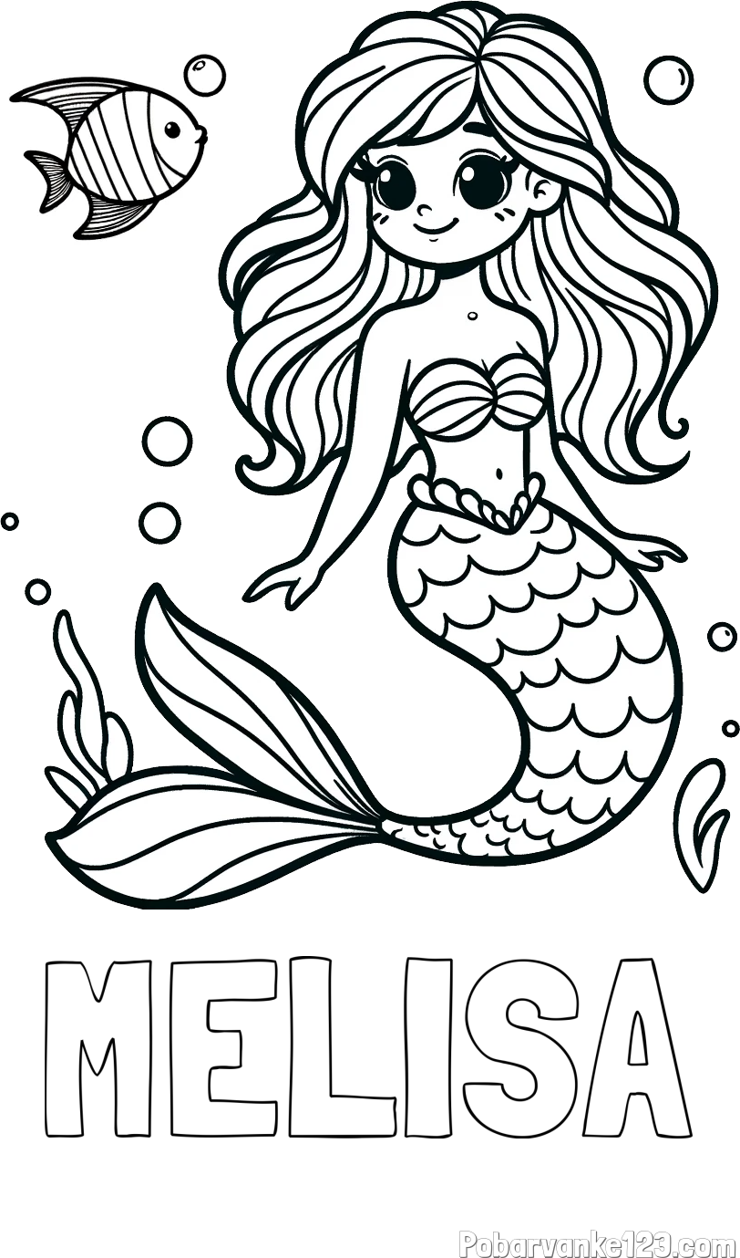 Pobarvanka imena MELISA in pobarvanka male morske deklice in ribice