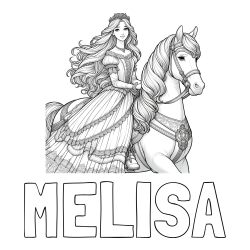 Online izdelana pobarvanka - Pobarvanka imena MELISA in pobarvanka nasmejana princese na konju