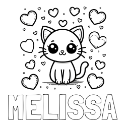 Online izdelana pobarvanka - Pobarvanka imena MELISSA in pobarvanka ljubke mucke obdane z veliko srčki