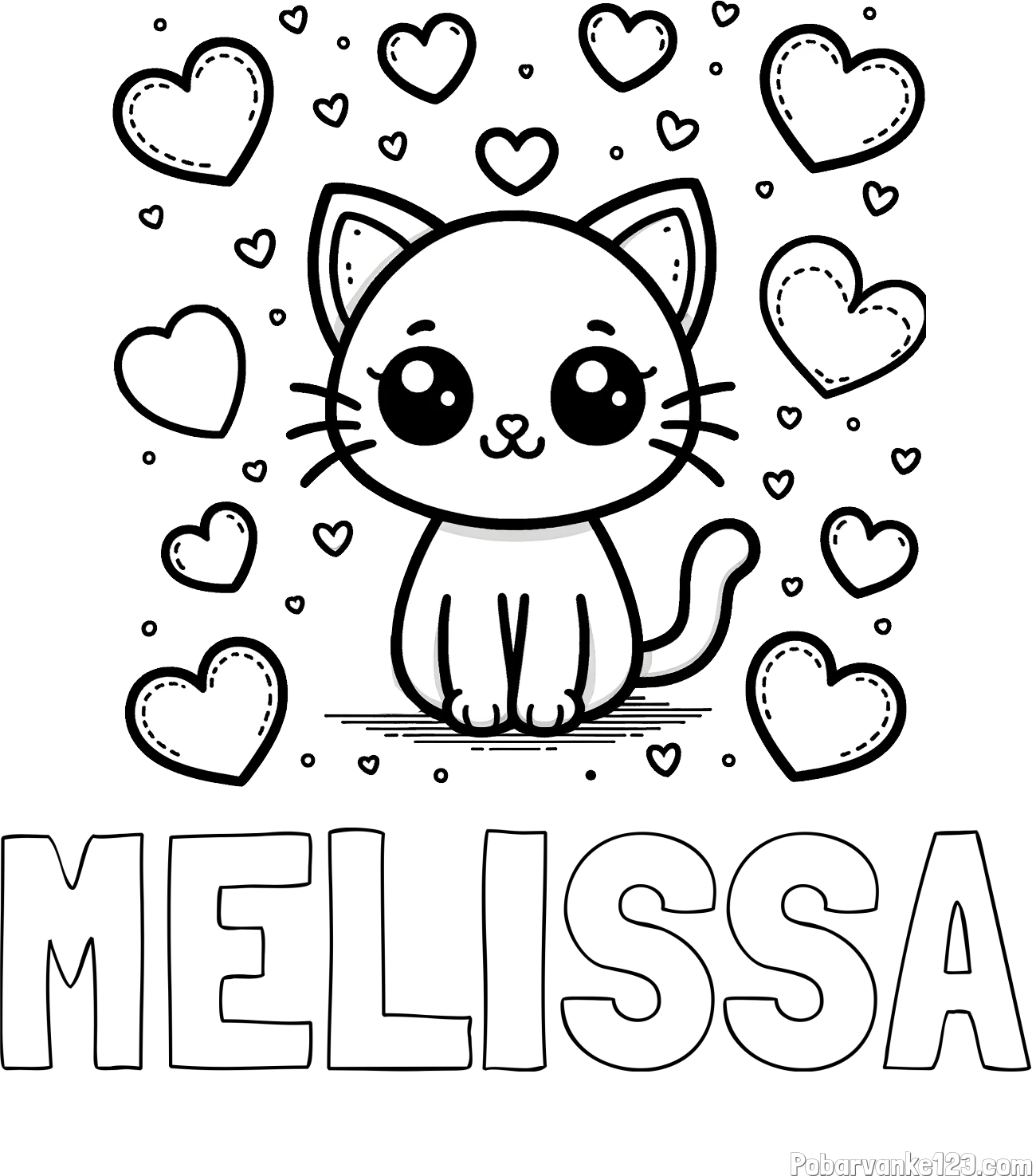 Pobarvanka imena MELISSA in pobarvanka ljubke mucke obdane z veliko srčki