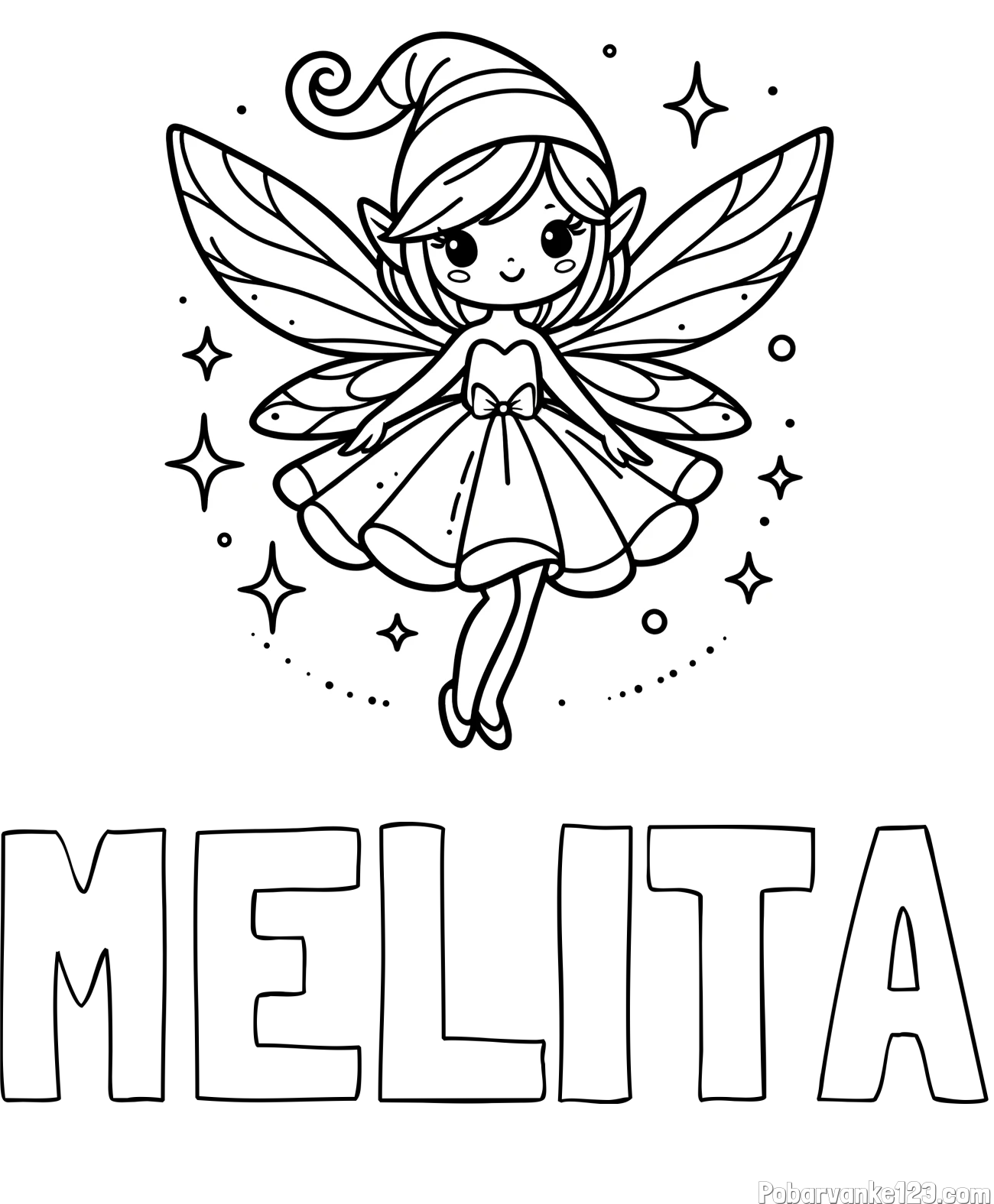 Pobarvanka imena MELITA in otroška pobarvanka čudovite vile