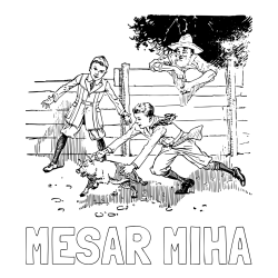 Online izdelana pobarvanka - Pobarvanka imena MESAR MIHA in pobarvanka dveh dečkov, ki lovita majhnega prašička