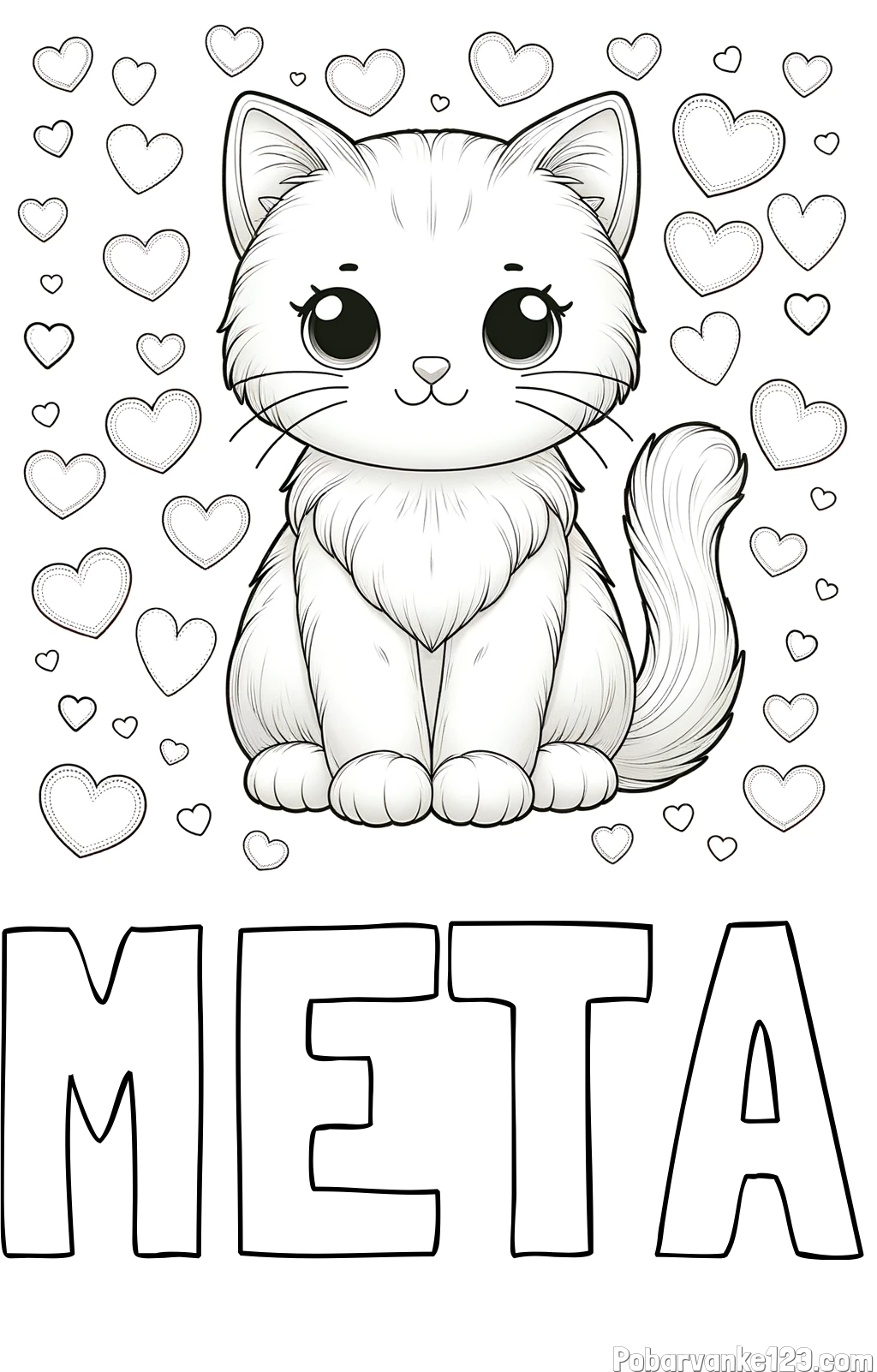Pobarvanka imena META in pobarvanka ljubke mucke obdane s srčki