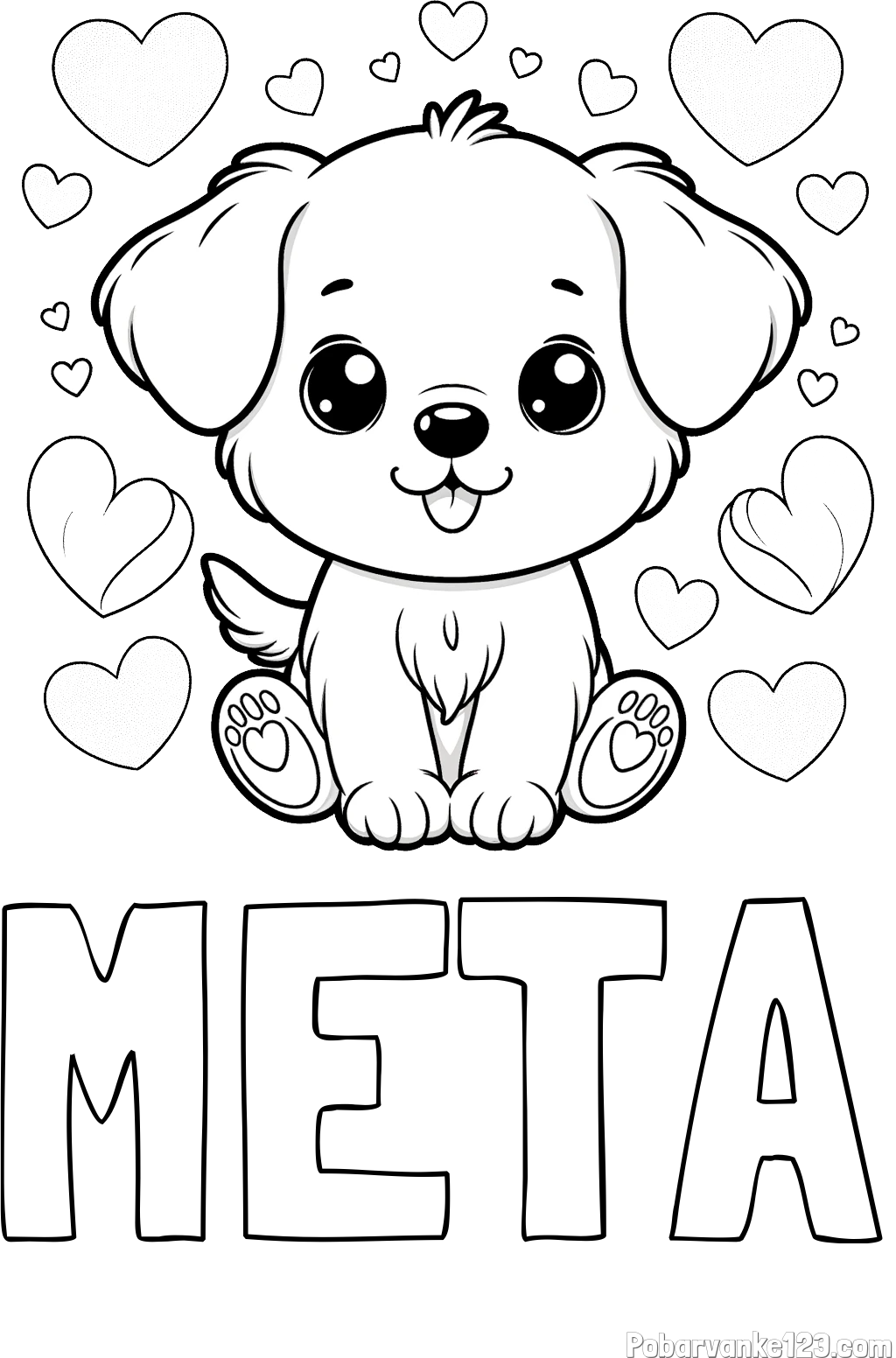 Pobarvanka imena META in pobarvanka ljubkega kužka obdanega s srčki