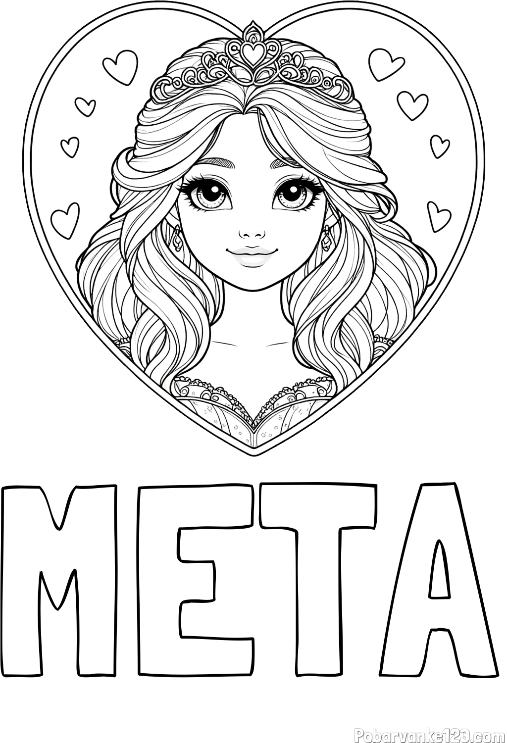 Pobarvanka imena META in pobarvanka princeske ter srčkov