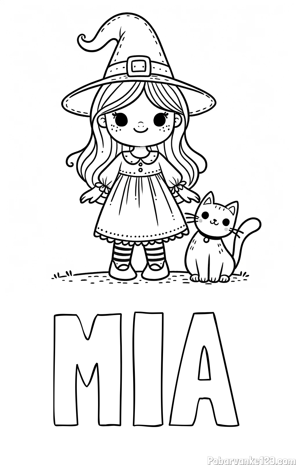 Pobarvanka imena MIA in Čudovita pobarvanka ljubke čarovnice in nasmejane mačke