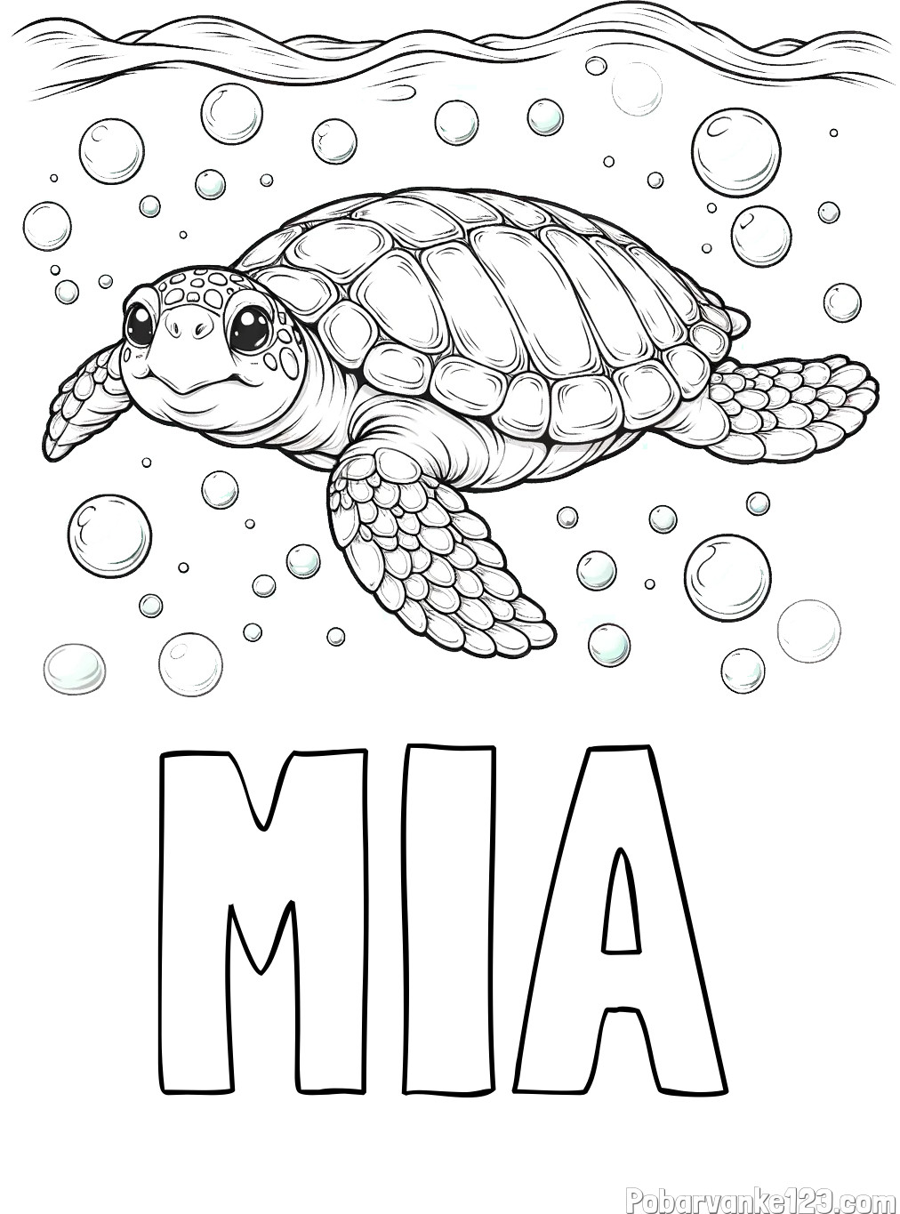 Pobarvanka imena MIA in pobarvanka želve v morju