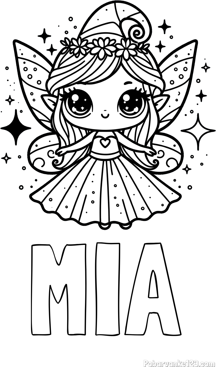 Pobarvanka imena MIA in prikupna čarobna vila