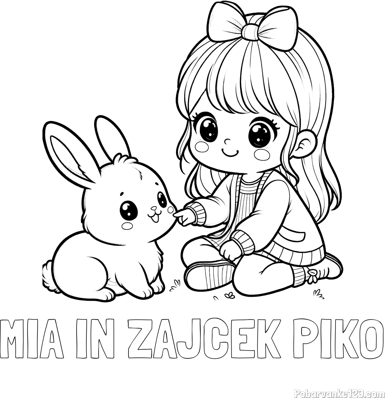 Pobarvanka imena MIA IN ZAJČEK PIKO in pobarvanka ljubke punčke, ki se igra z zajčkom