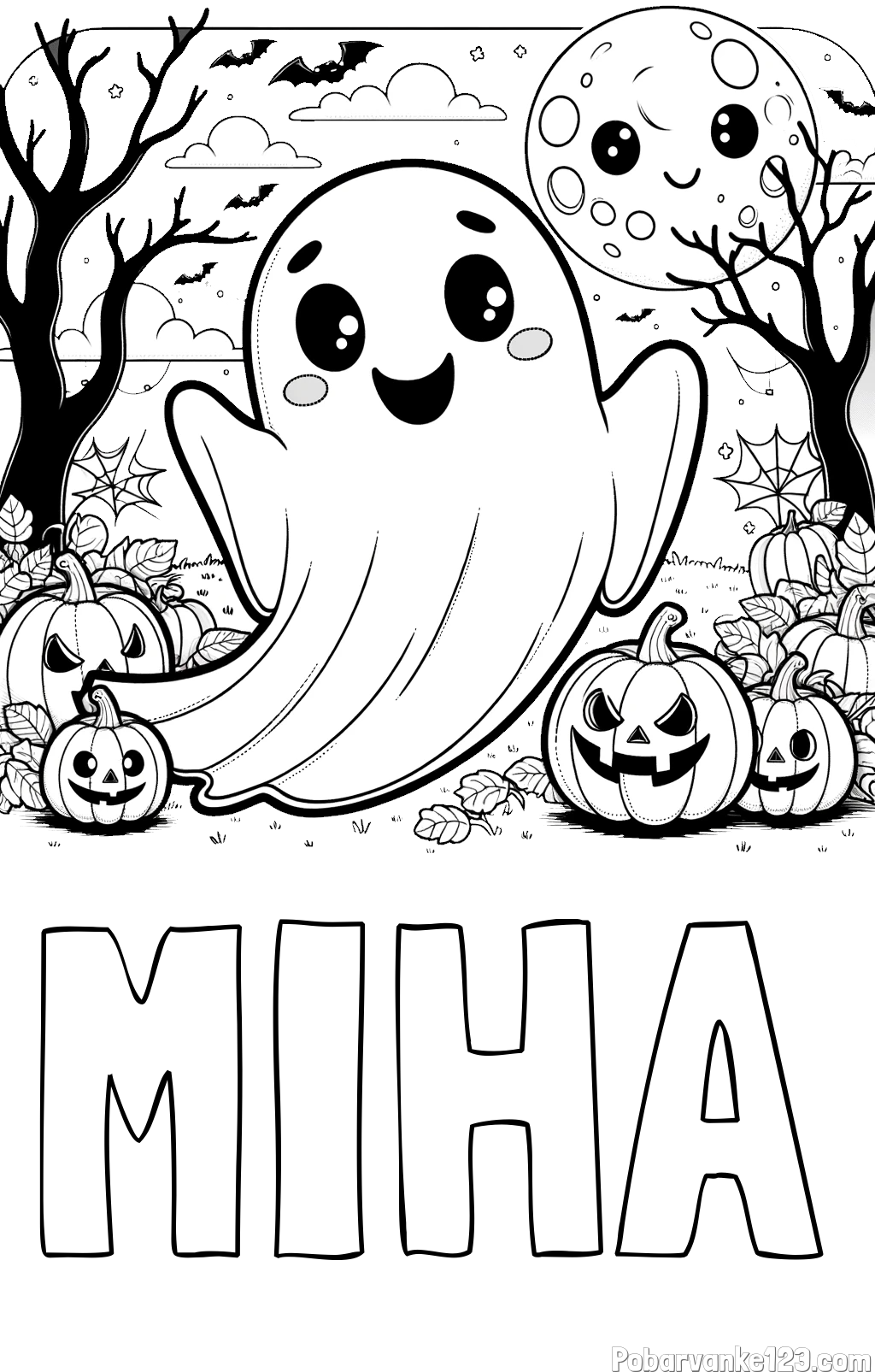 Pobarvanka imena MIHA in pobarvanka ljubkega duhca in buč za noč čarovnic