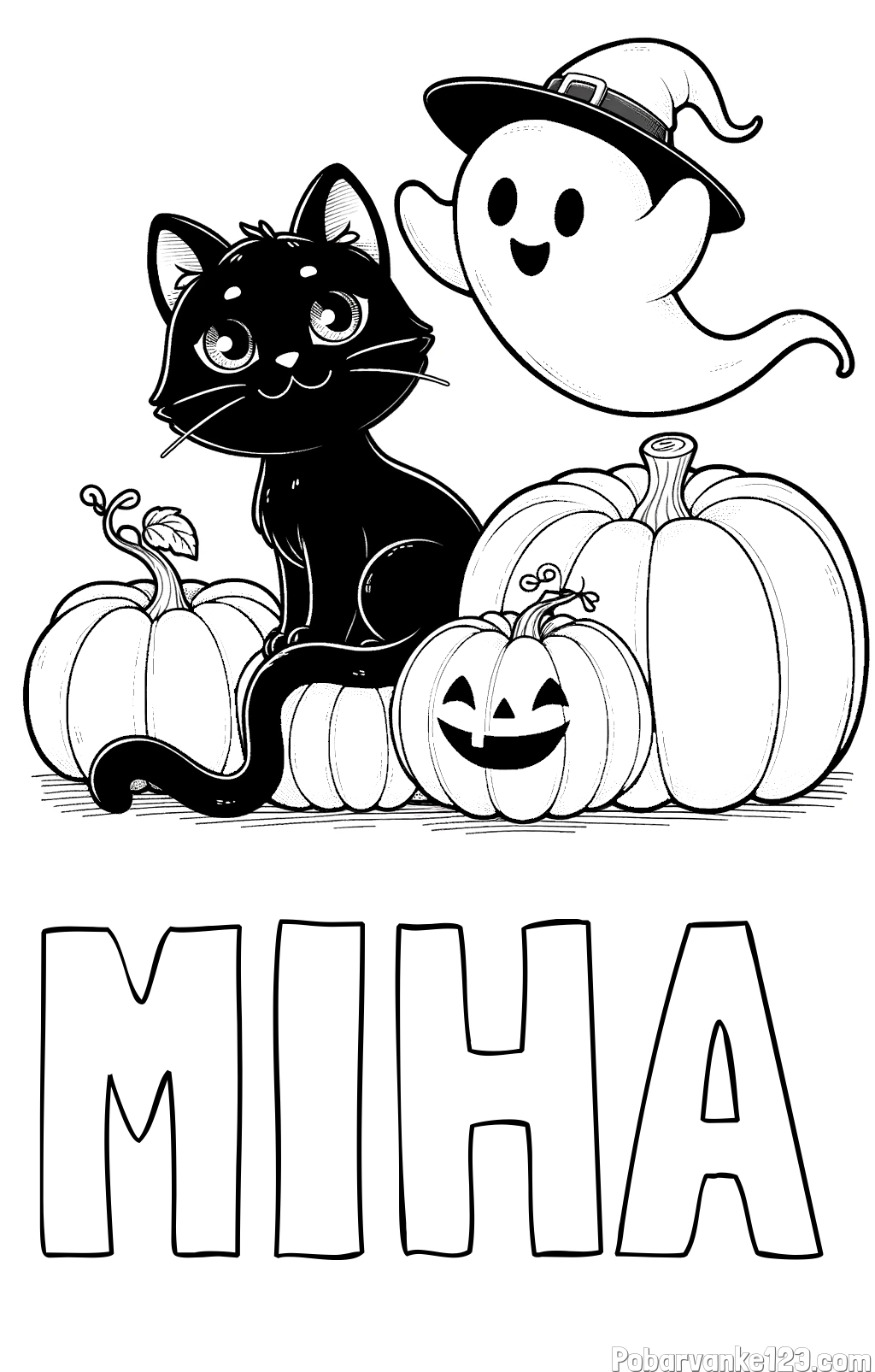 Pobarvanka imena MIHA in pobarvanka prijaznega duhca, črne mačke ter buč za noč čarovnic