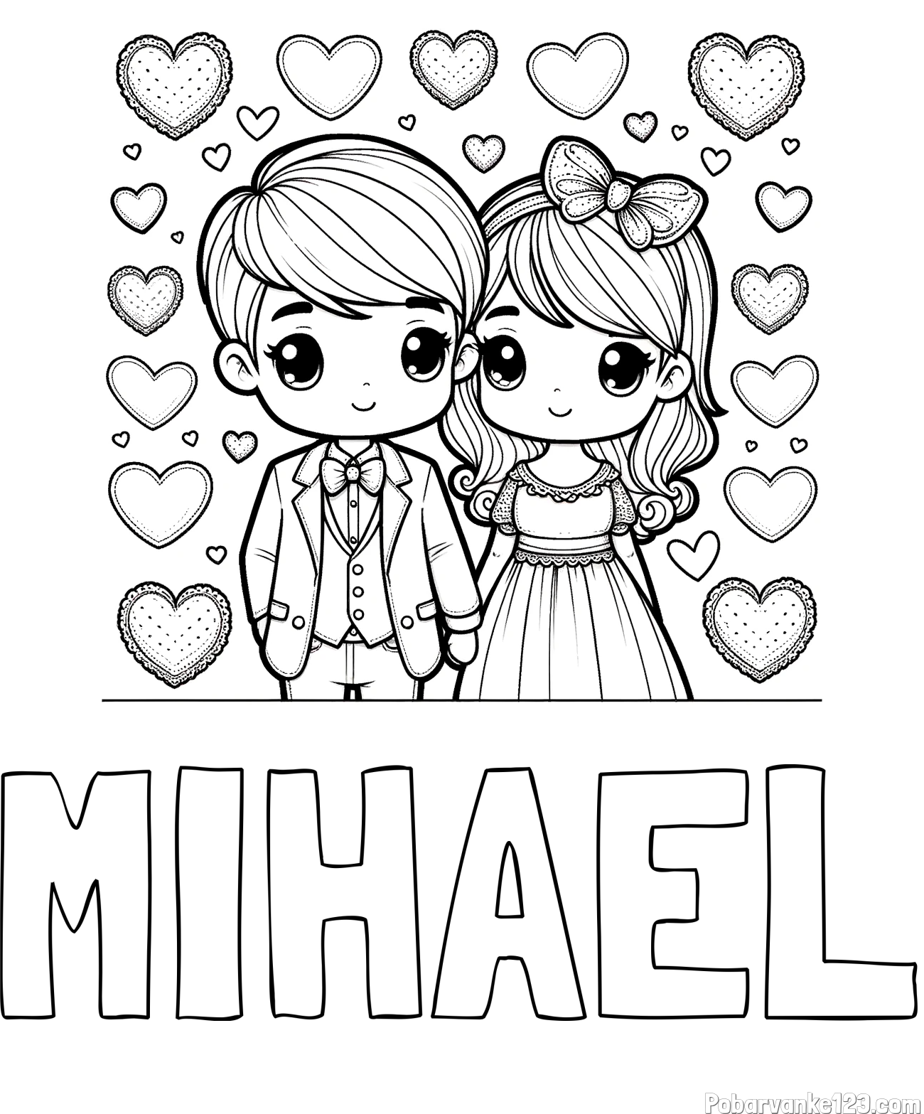Pobarvanka imena MIHAEL in pobarvanka dveh zaljubljencev s srčki