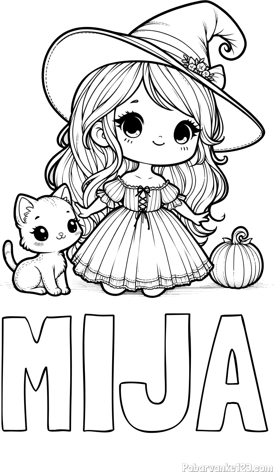 Pobarvanka imena MIJA in pobarvanka ljubke čarovnice, muce in buče