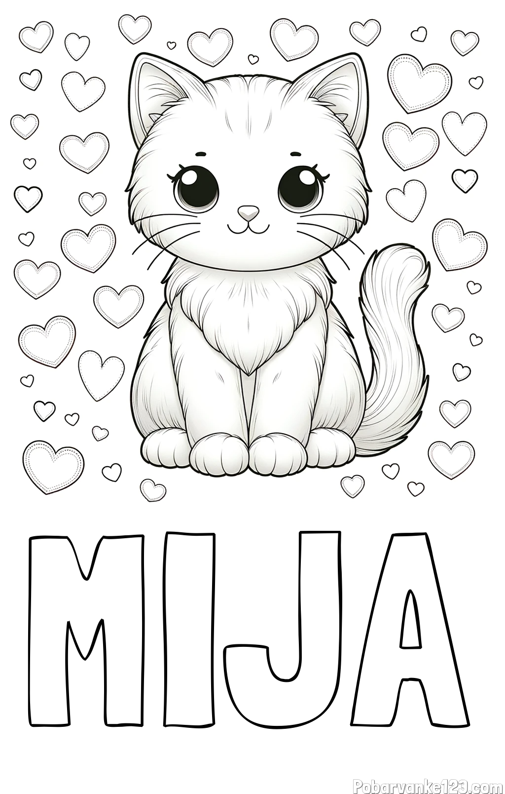 Pobarvanka imena MIJA in pobarvanka ljubke mucke obdane s srčki