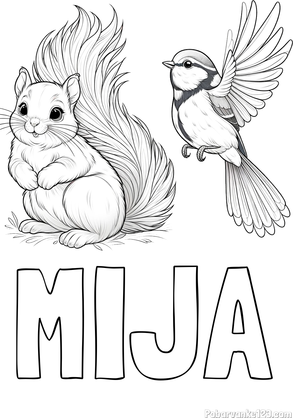 Pobarvanka imena MIJA in pobarvanka veverice in ptičke