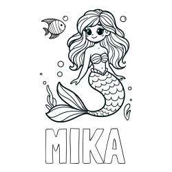 Online izdelana pobarvanka - Pobarvanka imena MIKA in pobarvanka male morske deklice in ribice