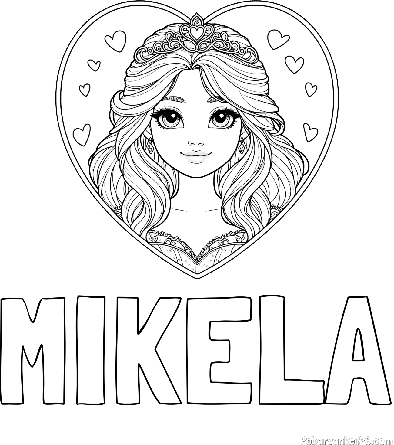 Pobarvanka imena MIKELA in pobarvanka princeske ter srčkov