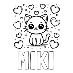 Online izdelana pobarvanka - Pobarvanka imena MIKI in pobarvanka ljubke mucke obdane z veliko srčki