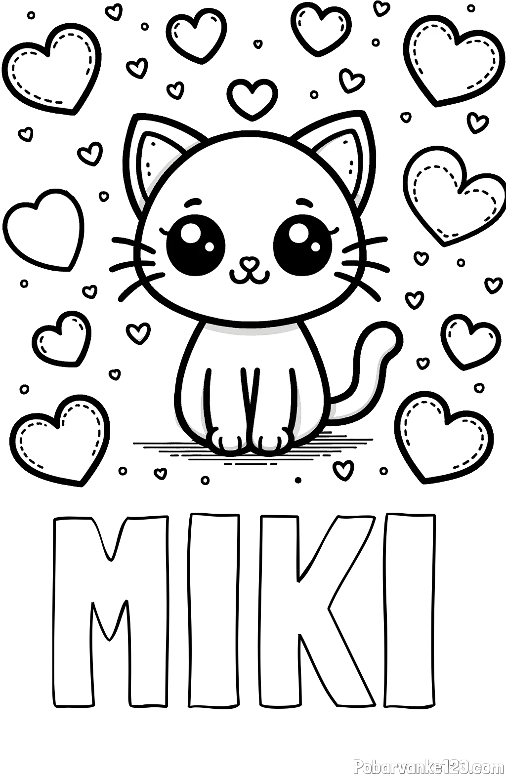 Pobarvanka imena MIKI in pobarvanka ljubke mucke obdane z veliko srčki