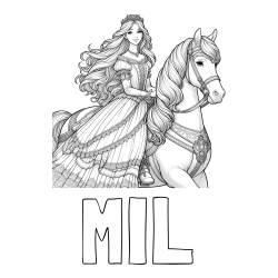 Online izdelana pobarvanka - Pobarvanka imena MIL in pobarvanka nasmejana princese na konju