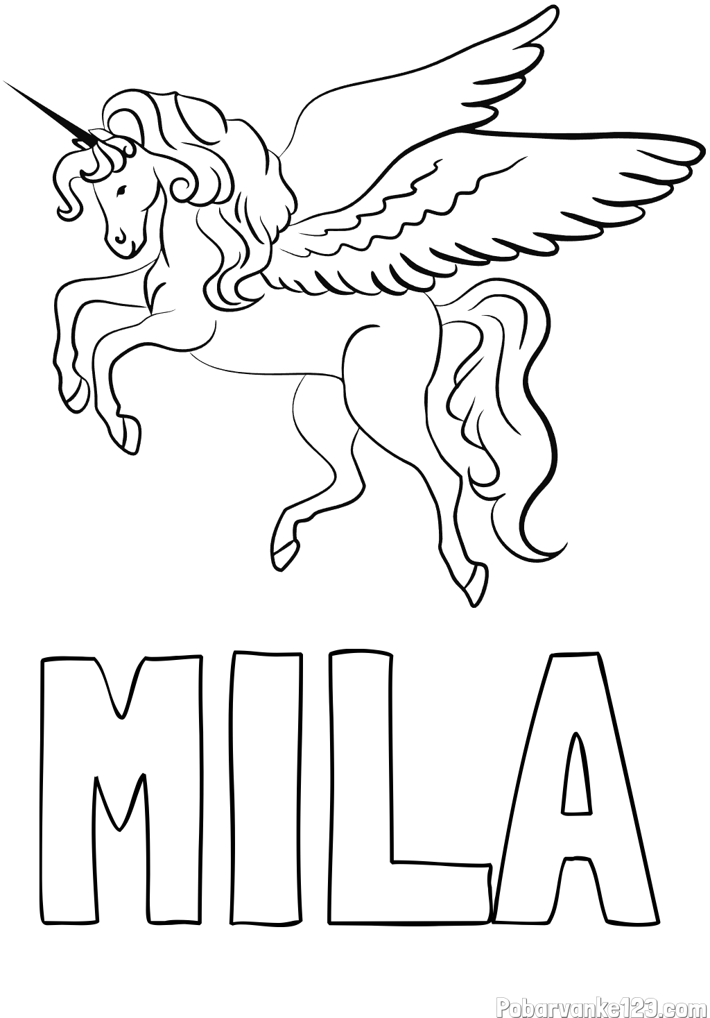 Pobarvanka imena MILA in lepa pobarvanka samoroga