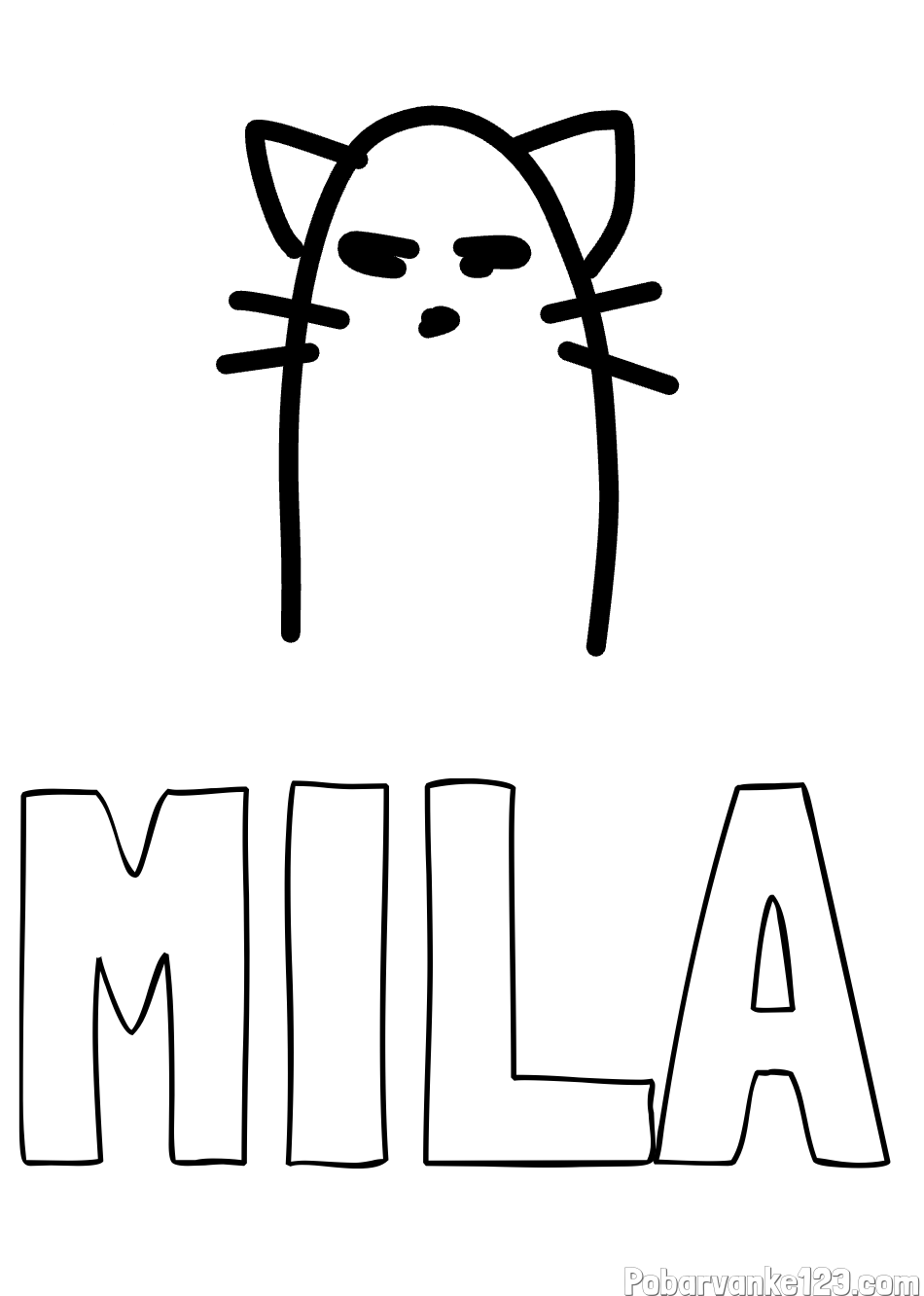 Pobarvanka imena MILA in luštkana mačka