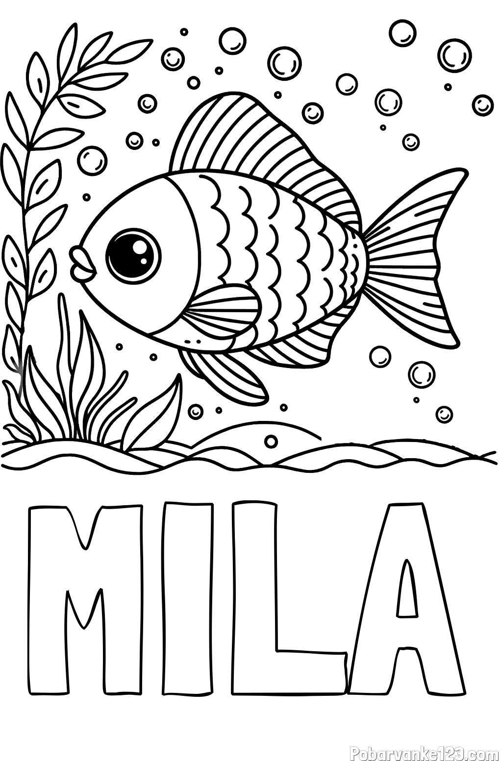 Pobarvanka imena MILA in otroška pobarvanka ljubke ribe