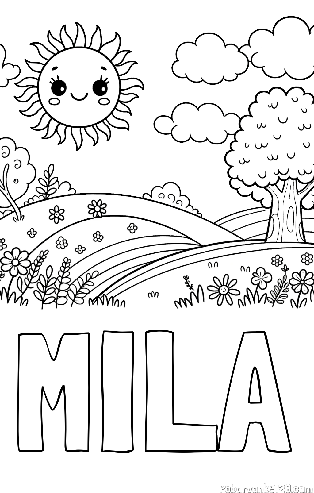 Pobarvanka imena MILA in otroška pobarvanka narave