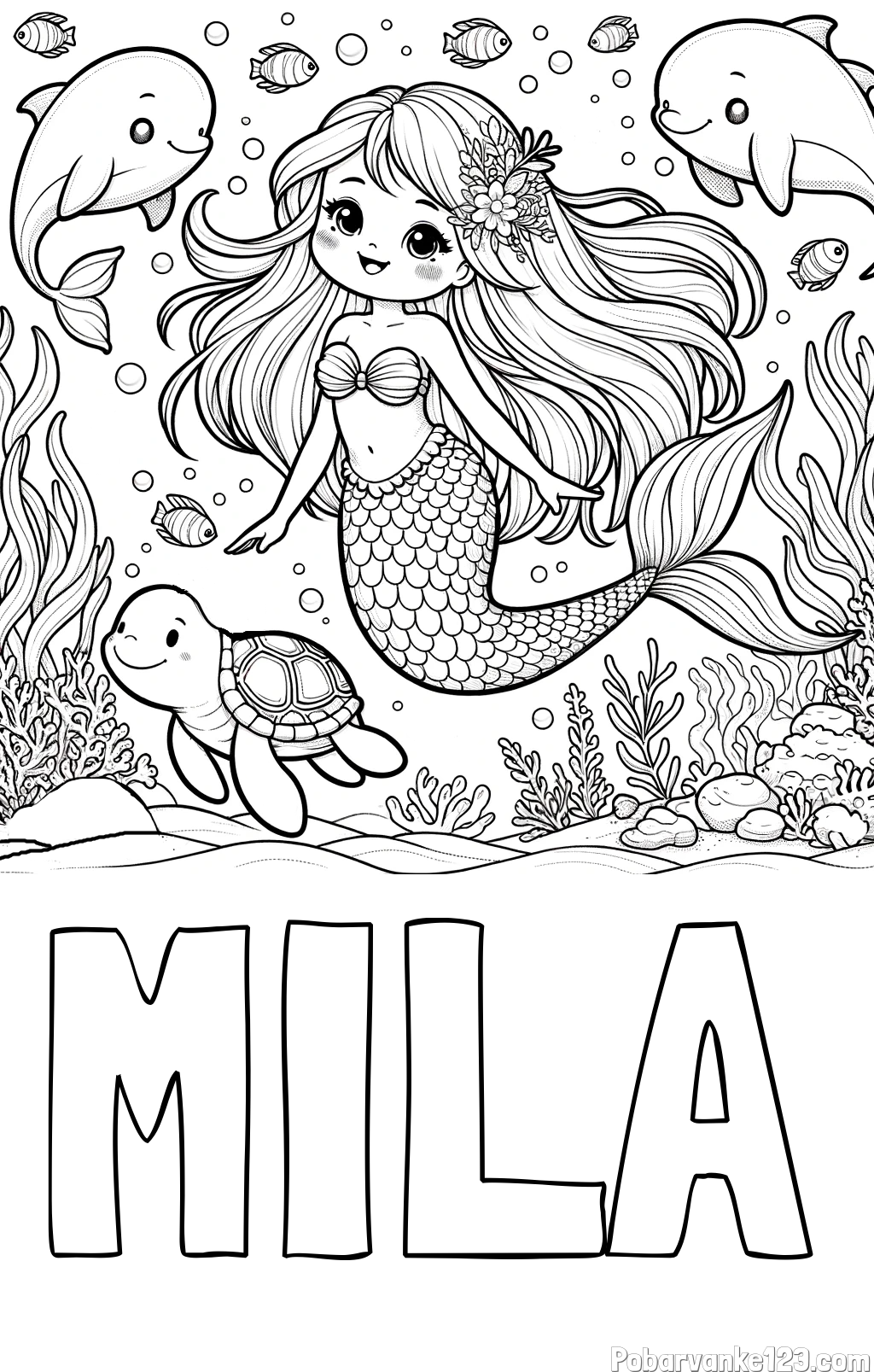 Pobarvanka imena MILA in pobarvana ljubke morske deklice s prijatelji
