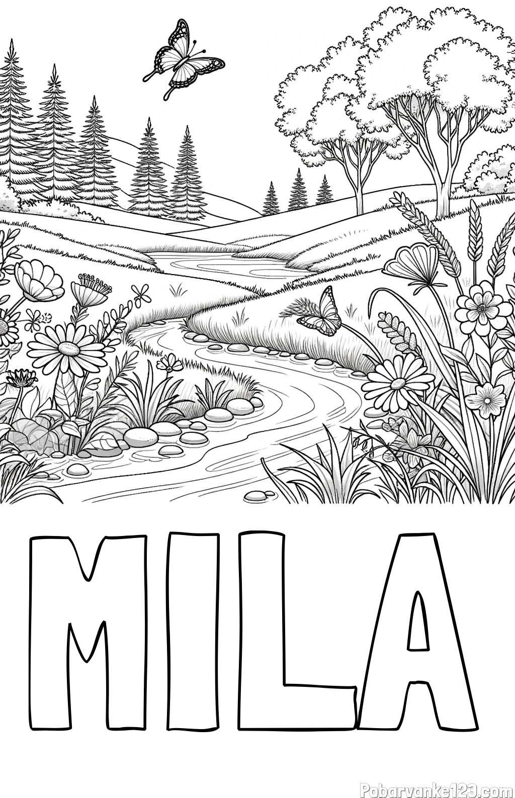 Pobarvanka imena MILA in pobarvanka cvetoče narave