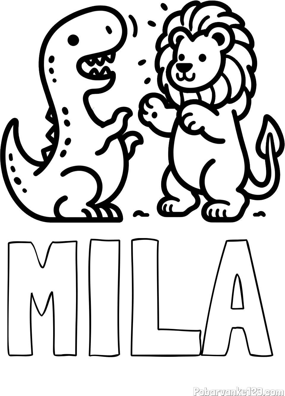 Pobarvanka imena MILA in pobarvanka dinozavra, ki napada leva